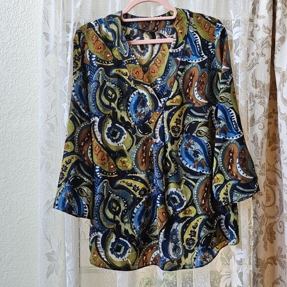 Lafayette 148 V-Neck Long Sleeve Libby Printed 100% Silk Blouse Tunic M